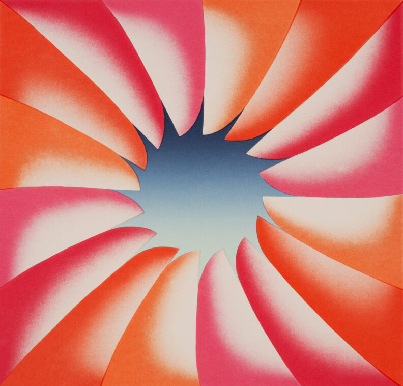 Vibrant art print by Judy Chicago with the colors orange and pink radiating out from a blue circle gradation