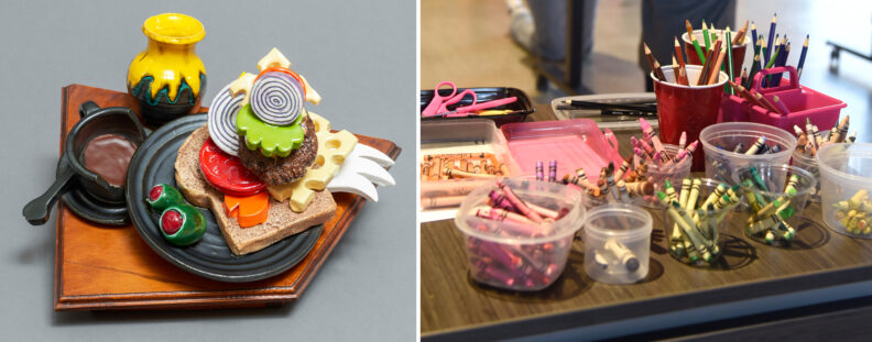 Left: Lite/Late Lunch by Artist David Gilhooly. Right: Crayons and art supplies