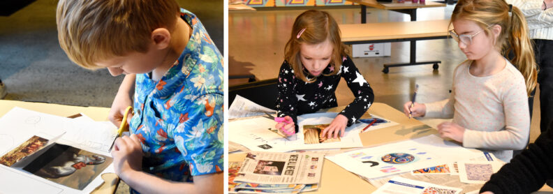 Children cutting images for collage
