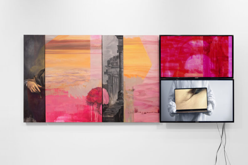 A painting by artist Jo Hedges in warm colors and grays