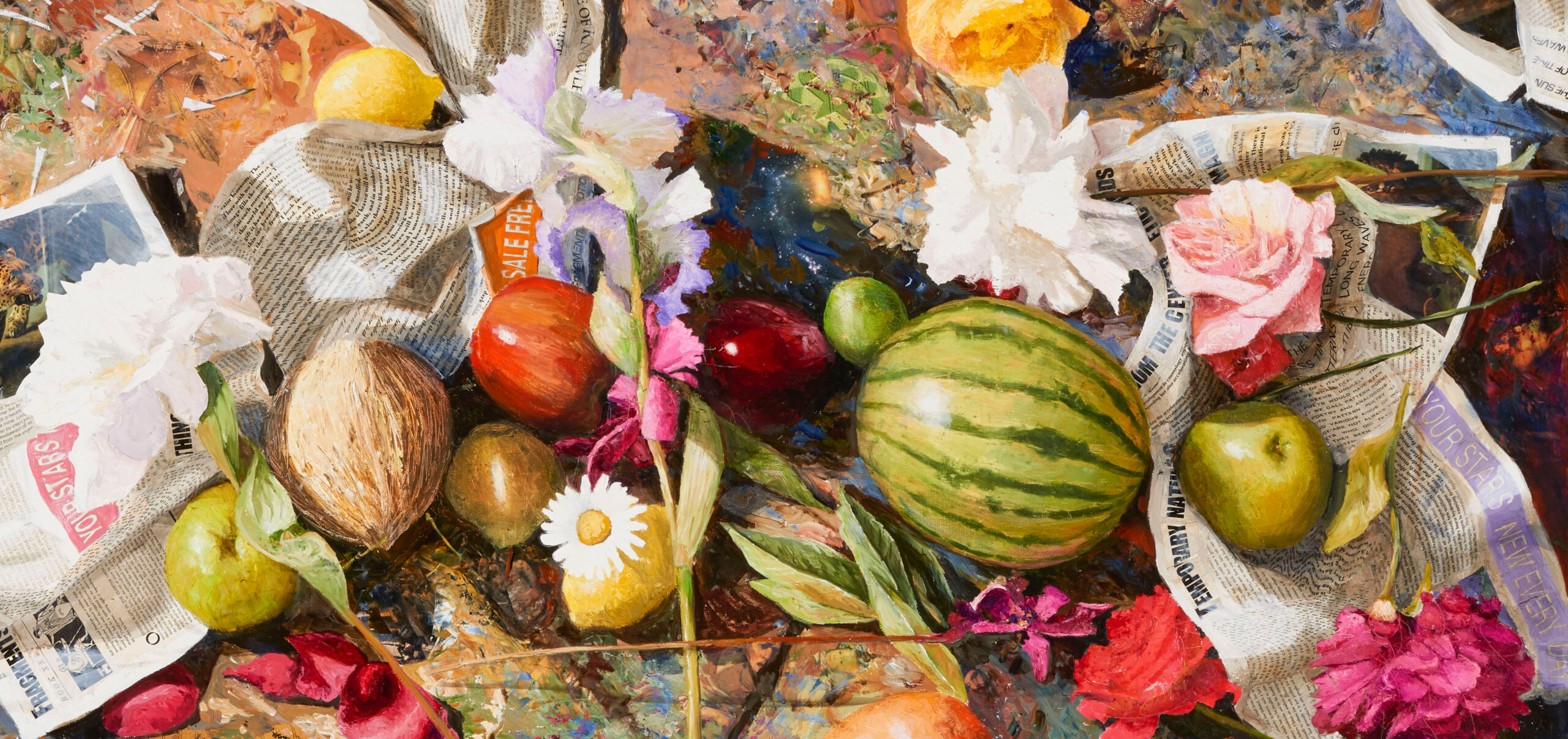 Still life painting of flowers and fruit