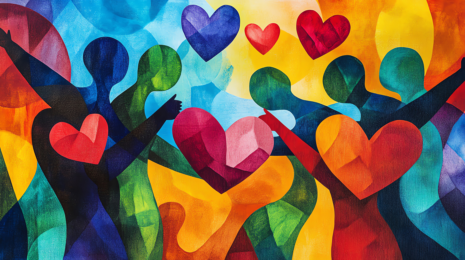 A dynamic charitythemed illustration featuring abstract figures sharing hearts and smiles, emphasizing compassion and community care, with bold, vivid colors