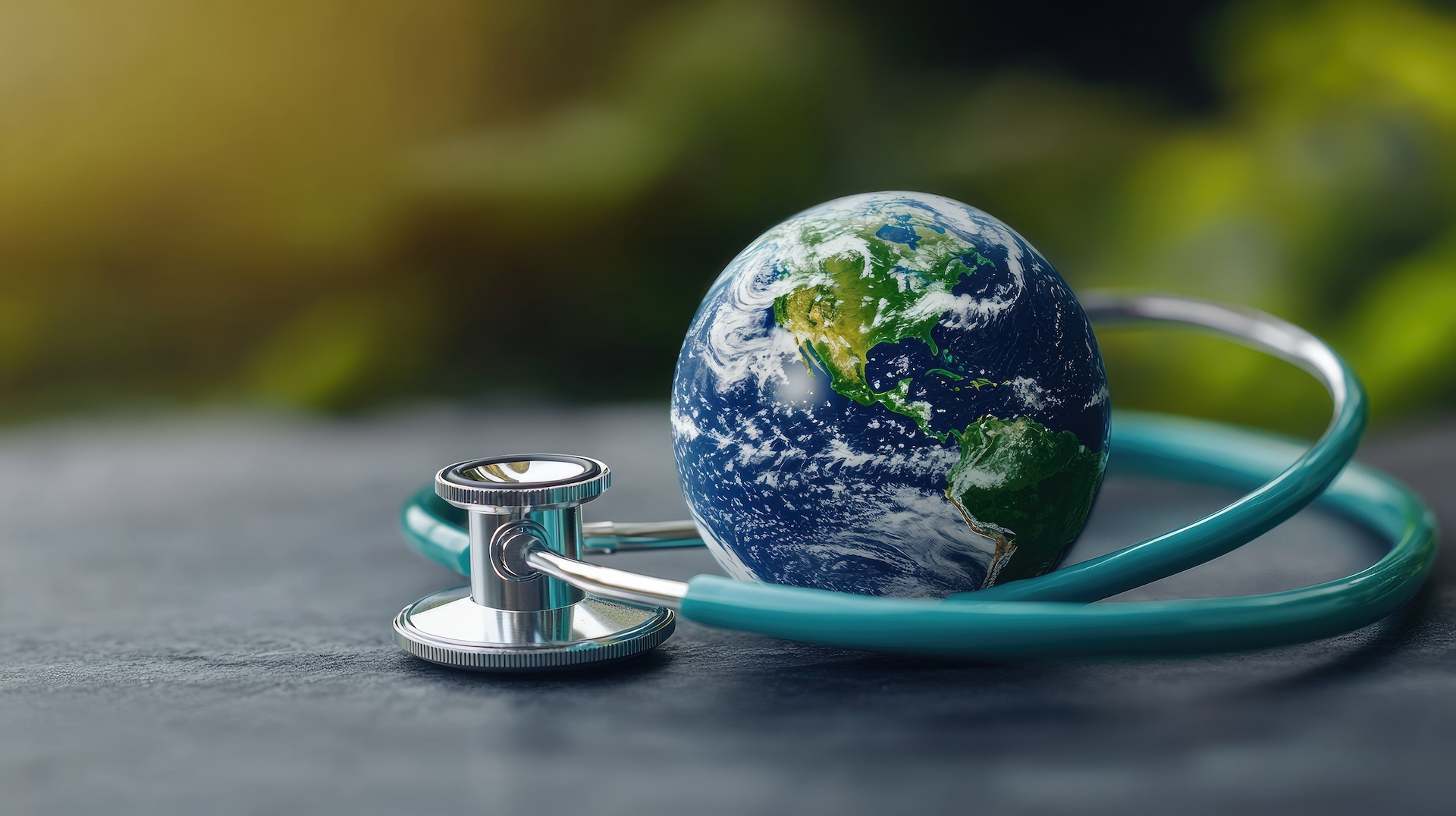 A 3D Earth with a stethoscope, raising awareness of planetary health, illustrated in honor of World Health Day