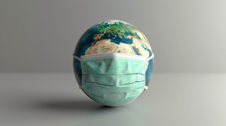 A detailed 3D rendering of Earth donning a protective face mask symbolizes global health concerns and the fight against pandemics. The image highlights the impact of worldwide health crises and the necessity for collective action.