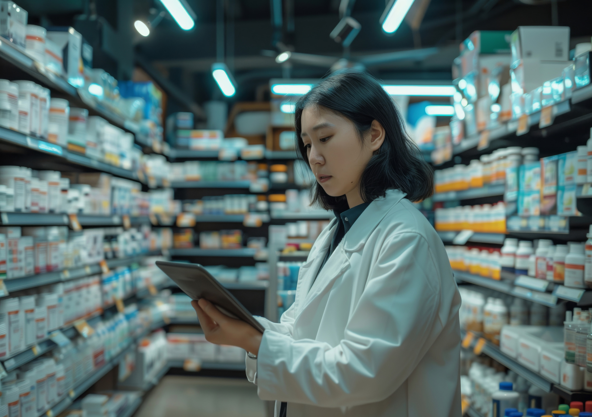 Healthcare, pharmacist or woman with tablet for prescription of medicine, pills and supplements on shelves. Pharmaceutical, chemistry or pharmacy as drugstore, technology and internet to check stock.