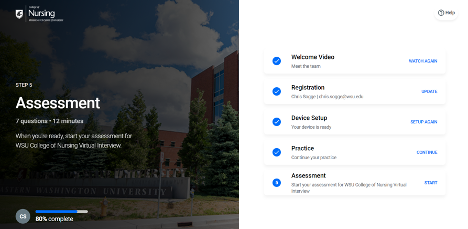 Kira Talent image showing the steps involved with the interview. There will be a welcome video, registration, device setup, practice and assessment.