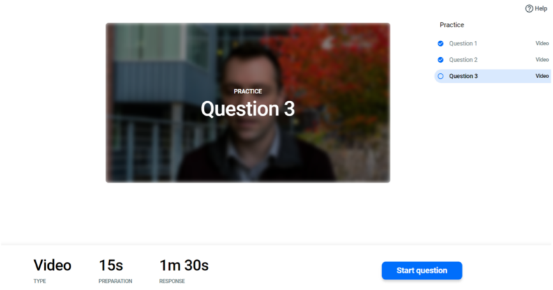 Example question, showing the blue 'start question' button. 