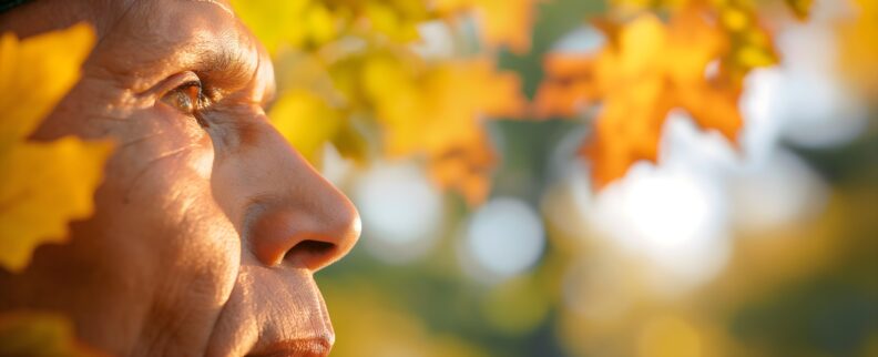 Native American elder's profile against autumn foliage. Harmony between indigenous people and nature