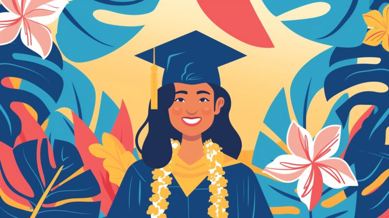An illustration of a young woman standing confidently in a graduation cap and gown, symbolizing academic achievement and completion of studies
