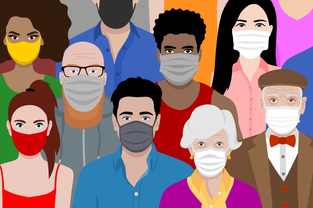 Illustrated group of people wearing surgical masks.