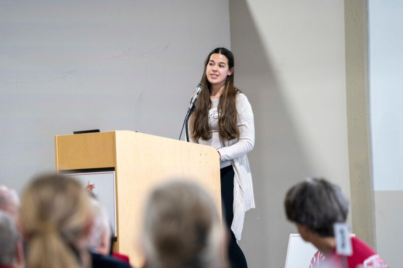 Kleopatra Deltchev speaks at the Celebration of Giving ceremony.