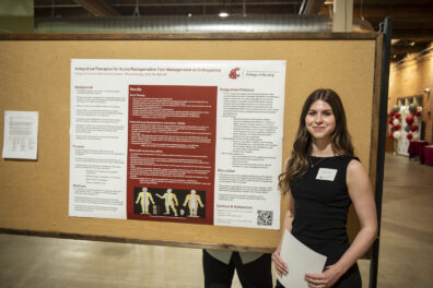 BSN Student Margaret O'Connor, '25 BSN with her research poster about "Integrative Pain Management in Orthopedic Postoperative Care".