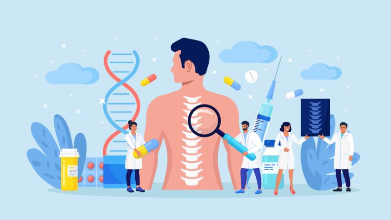 Illustration of man suffering from spine pain visiting osteopath. Tiny doctor examining xray of patient spine. Backache, rheumatism, deformity, vertebral inflammation treatment. Spine backbone disease diagnostics.