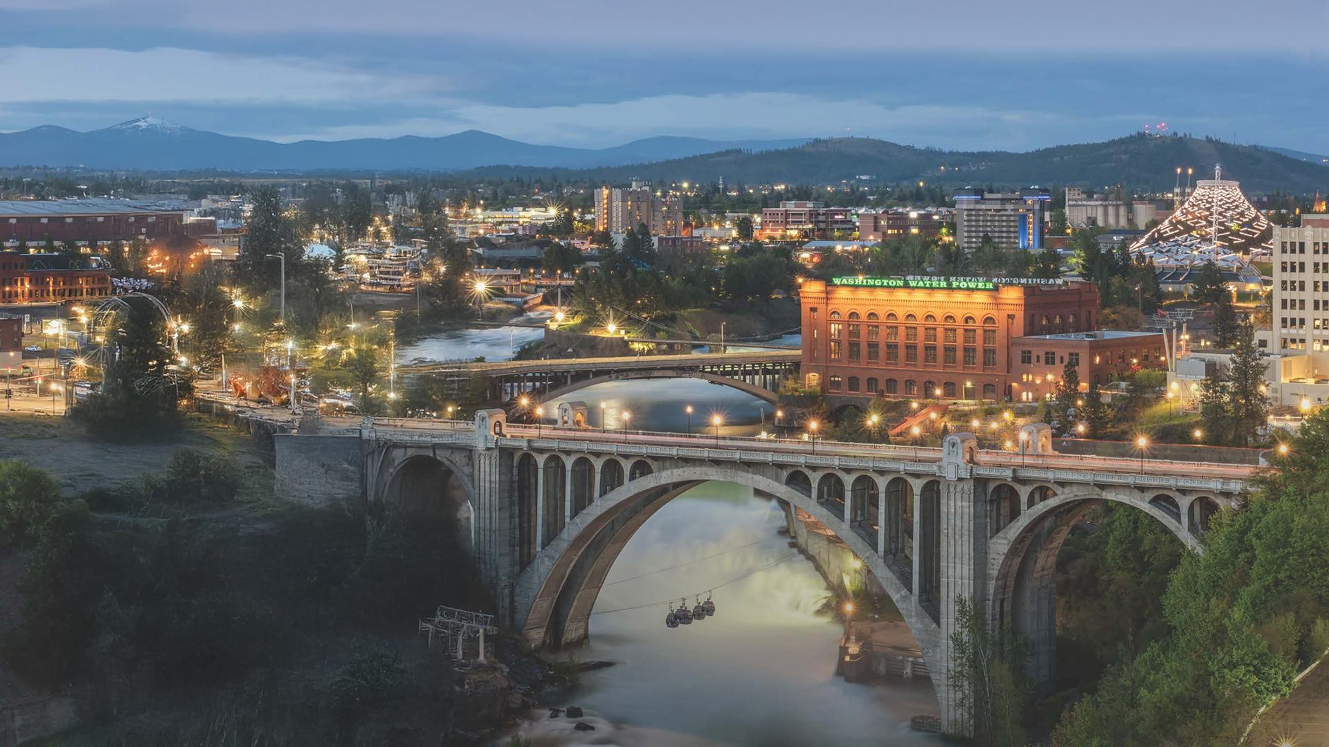 View of downtown Spokane, facing East. Monroe street bridge in the foreground.