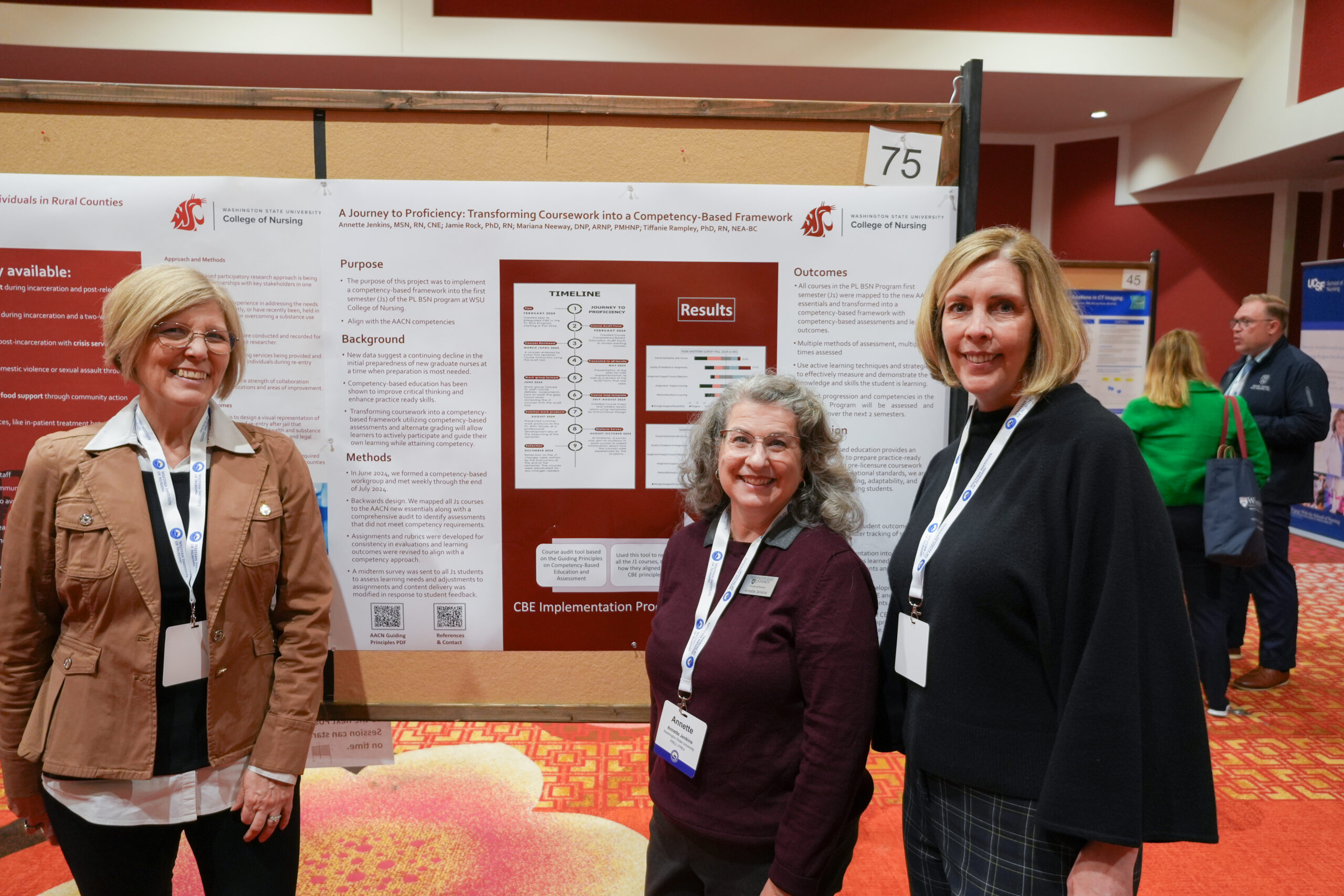 Jamie Rock, PhD, RN, Annette Jenkins, MSN, RN, CNE, Tiffanie Rampley, PhD, RN, NEA-BC at WIN 2025 poster session.