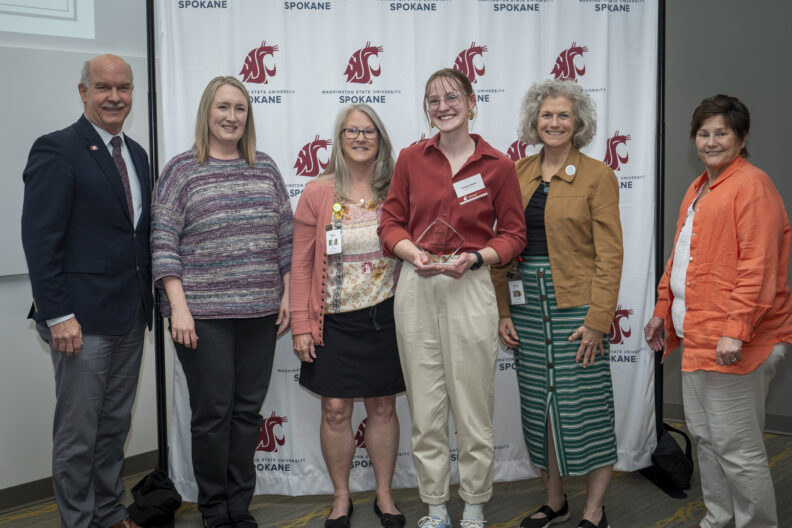 Chancellor Daryll DeWald, Kay Olson, Range Student Health Services, Anneka Siems '25 BSN, Sue McFadden, Range Student Health Services, and Dean Mary Koithan at the 2025 Chancellor's Excellence Awards.