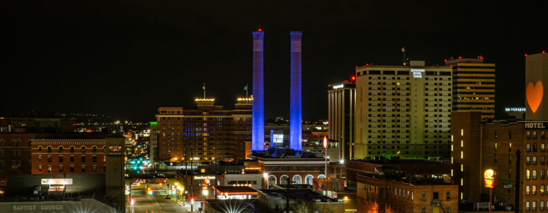 Steam Plant Square towers lit up. Downtown Spokane, WA City Skyline.