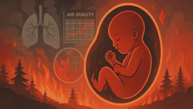 An illustrated digital artwork in 16:9 format showing a fetus in the womb, rendered in warm red and orange tones, set against a smoky background with wildfire elements. Flames rise from the forest at the bottom of the image, while gray smoke swirls through the sky. Scientific symbols like lungs, a globe, and an air quality graph appear in the background, highlighting environmental concerns and the effects of wildfire smoke exposure on prenatal development.