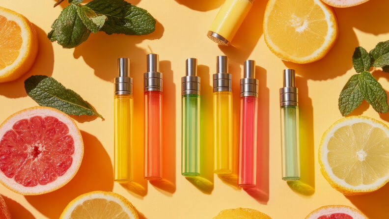 Colorful vape pens arranged with fresh fruits, minimal flat lay, citrus tones on sandy background, soft natural lighting, summer refreshment concept, modern minimalist composition