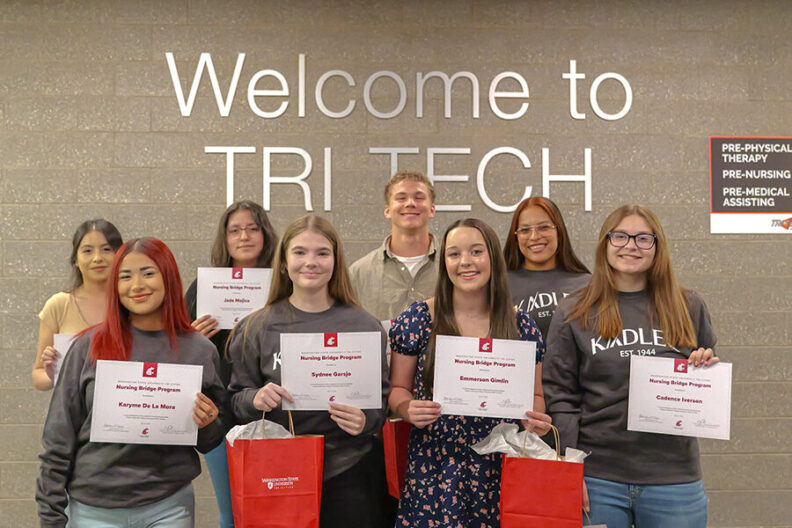 The inaugural class of Nursing Bridge students were acknowledged at Tri-Tech Skills Center award event on Wednesday. Front row (from left to right) Karyme De La Mora, Sydnee Garsjo, Emmerson Gimlin, Cadence Iverson Back row (from left to right) Ana Plascencia, Jade Mojica, Jacob Rodrick, Briana Guizar Not pictured: Sidona Inslee and Zoey Kunkel. Courtesy WSU Tri-Cities