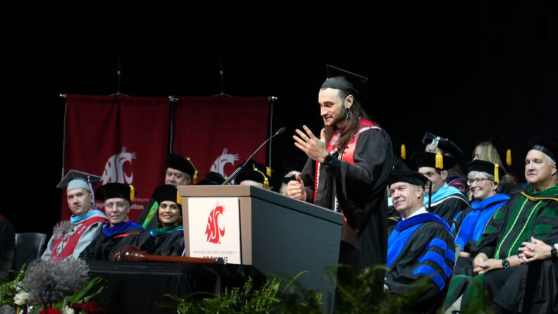 Maxwell Pearl '25 BSN, student speaker at WSU College of Nursing Commencement, May 3, 2025.