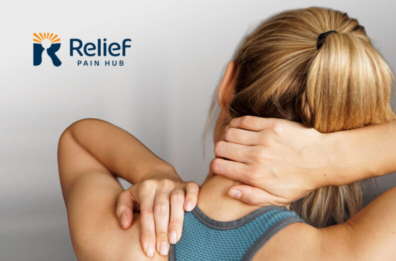 Relief Pain Hub logo, overlayed on an image of a woman applying pressure to her shoulder and neck to alleviate pain.