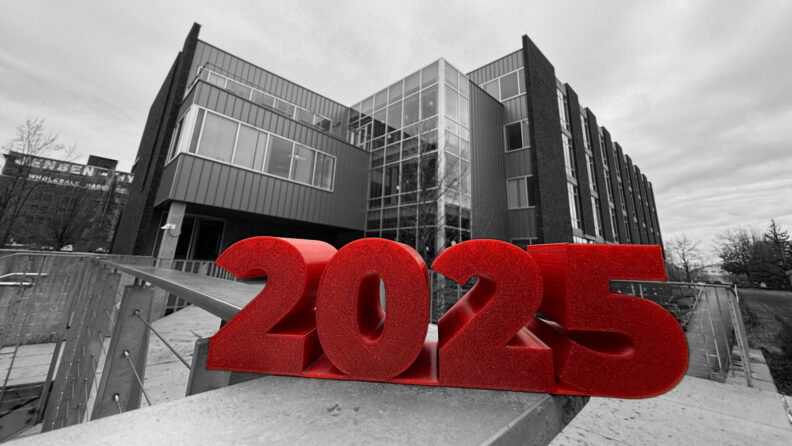 Large "2025" numerals in the foreground with a black and white backdrop of the WSU College of Nursing building in Spokane, WA.