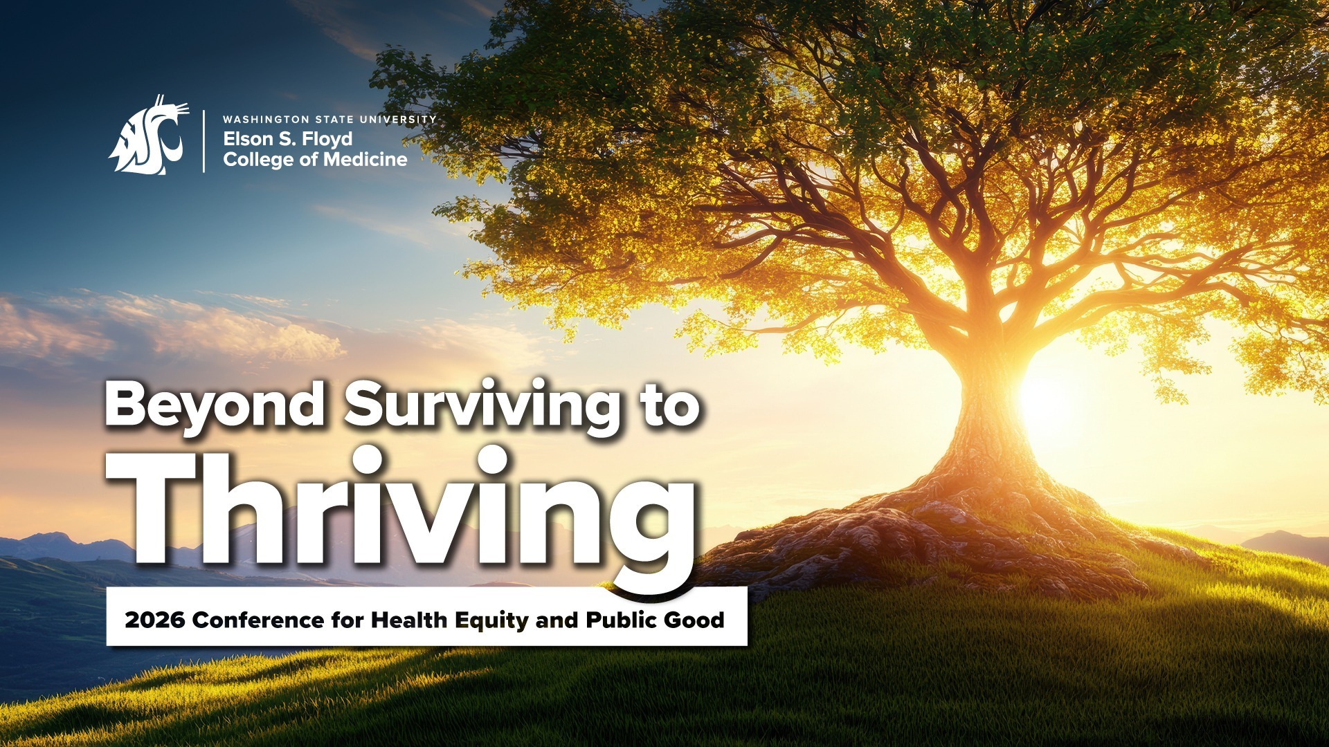 "Surviving to Thriving" text in large, modern font overlaid on a warm, sunlit background with trees.