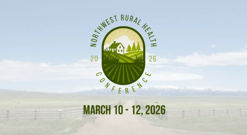 Northwest Rural Health Conference 2026 logo featuring a circular farmhouse emblem, overlaid on a photograph of a rural landscape with snow-capped mountains and the date March 10-12, 2026.