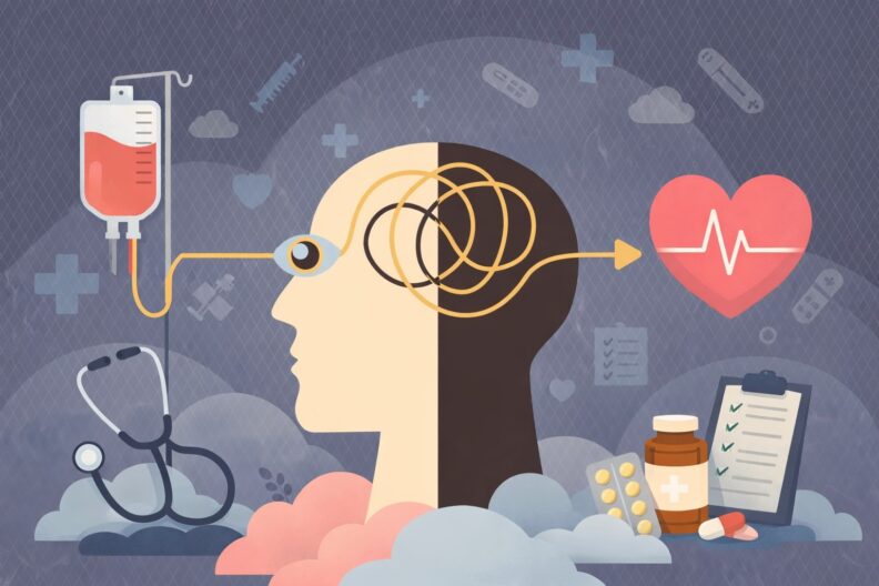 Split-profile illustration showing cognitive bias in health care. A human head is divided into two contrasting tones, with a tangled thought line connecting an IV bag to a heart monitor, surrounded by medical tools and symbols.