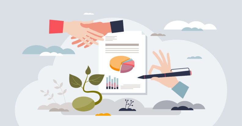 Illustration depicting different elements of grant writing: contracts, reports, growth.
