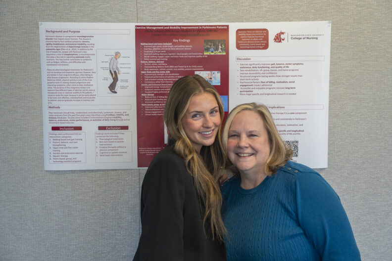 Olivia Lofstedt, BSN ’26 (left), with mentor Joni Shaw (right). Lofstedt presented her findings on “Exercise management and mobility improvement in Parkinson’s patients”.