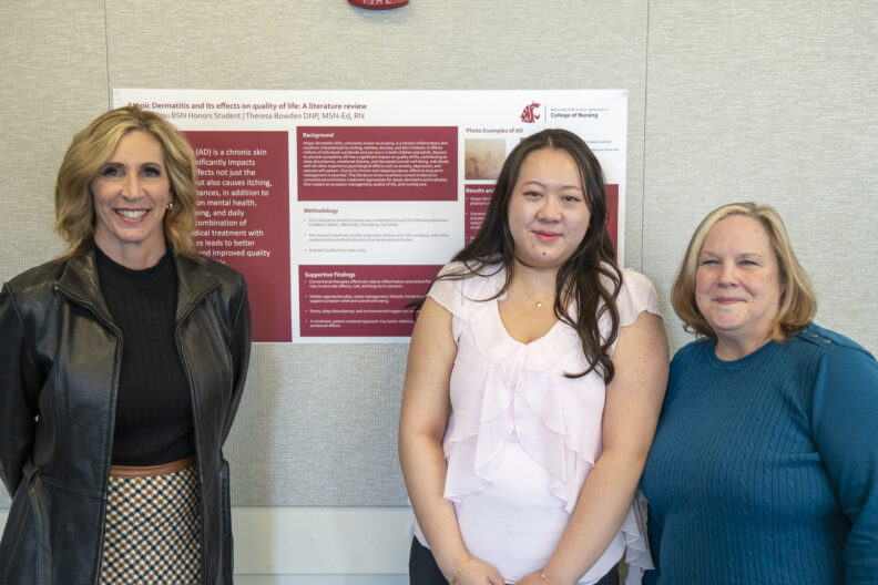 Shanni Chou, BSN ’26 (middle), pictured with mentor and advisor Theresa Bowden (left), and Joni Shaw (right). Chou’s research poster was titled “Atopic dermatitis and its effects on the quality of life: A literature review”.