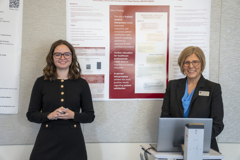 Kate Guede, BSN ’26 (left), presented “How language translation services impact health care for patients whose primary language is Spanish”. Honors Program Director, Dr. Jamie Rock (right).