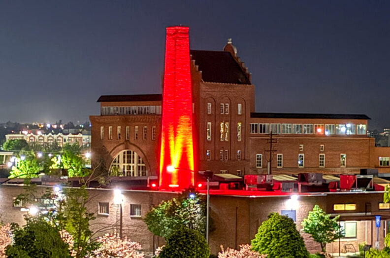 WSU Health Sciences in Spokane, WA lights up the CCRS building to honor nurses during National Nurses Week (photo by Brad Schwartz, WSU).