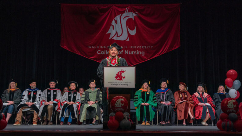 Ty Vaeena, BSN '26, student speaker at the Spokane College of Nursing graduation and pinning on May 8, 2026.