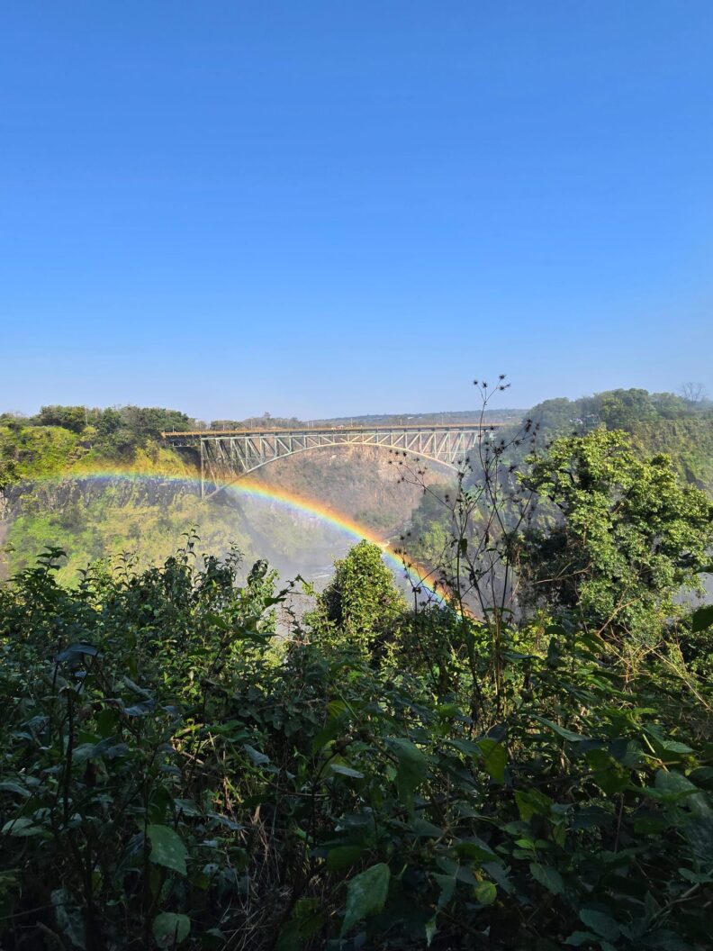 A view of a rainbow from the mist coming of the falls with Victoria Falls Bridge in the background. Photo: Greer Bainbridge.