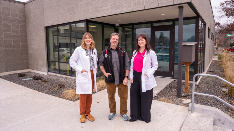 WSU Health providers at the Logan Family Clinic: Sarah Fincham, interim associate dean of Academic Affairs in Spokane, Director of Faculty Practice and Post-Master’s Nurse Practitioner; Sam Schneider, MD, Elson S. Floyd College of Medicine; Leah Powell, Family Nurse Practitioner; Lisa Madden, Family Nurse Practitioner (not pictured). Photo: Cori Kogan.