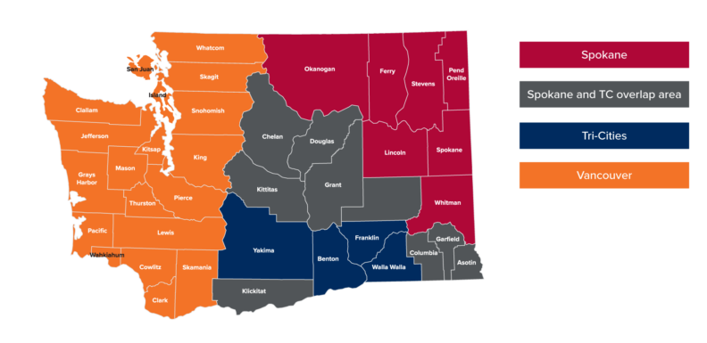 Map of Washington state showing which counties are served by each WSU College of Nursing campus for clinical or practicum placements.