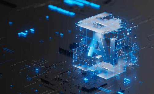 3d rendering of a glass cube with AI letters inside.