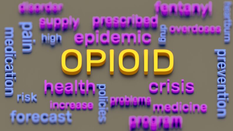Opioid crisis word cloud 3d illustration. Combat opioid crisis.