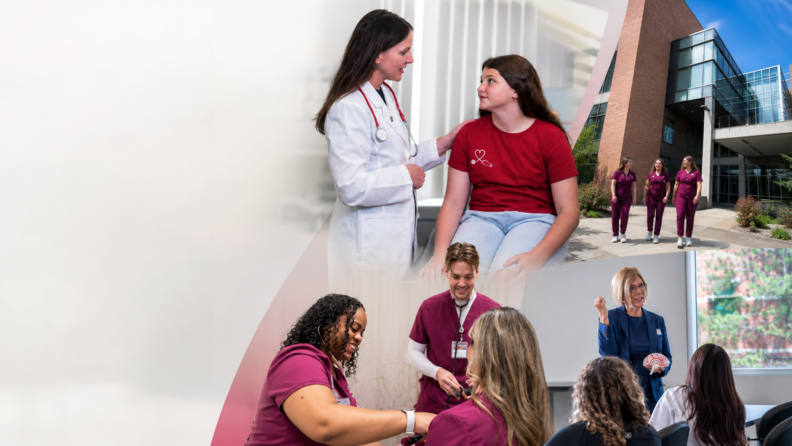 Nursing students and faculty providing patient care, teaching in a classroom, and walking outside a university health sciences building.