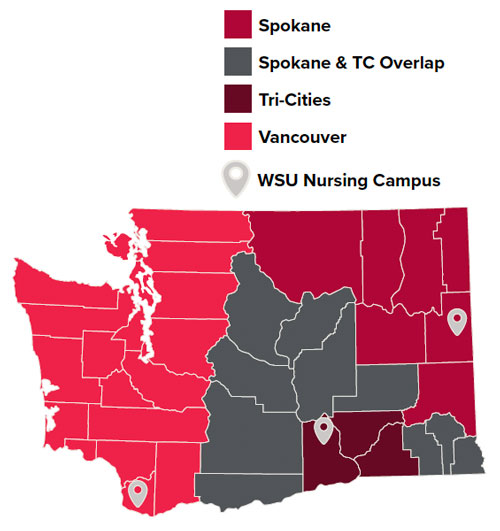 Map of Washington showing WSU College of Nursing catchment areas for Spokane, Tri-Cities, and Vancouver, with a shared Spokane–Tri-Cities service area in central Washington. Pins mark the three nursing campuses.