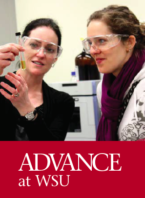 ADVANCE at WSU FAQs cover, shows a faculty member looking at a test tube with a student in a lab.