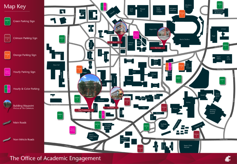 Full resolution map (PNG) showing the location of Commons on the WSU Pullman campus. In addition to the Commons, Parking areas and prominent campus locations including Bryan Hall, the CUB, the the Spark building are marked.