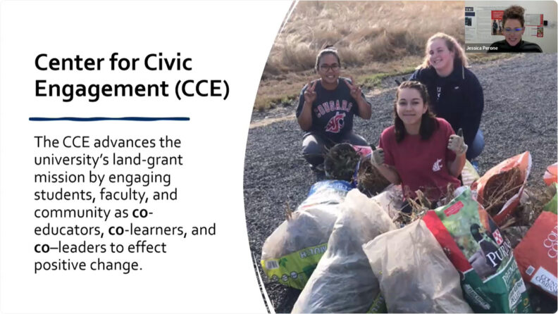 Watch a recording on YouTube of October 2024 PIT Stops session “Getting Started with Service Learning.” Shown is a preview slide used by speaker Jessica Perone to discuss the Center for Civic Engagement and its purpose of advancing the university’s land-grant mission by engaging students, faculty, and community as co-educators, -learners, and -leaders to effect positive change.