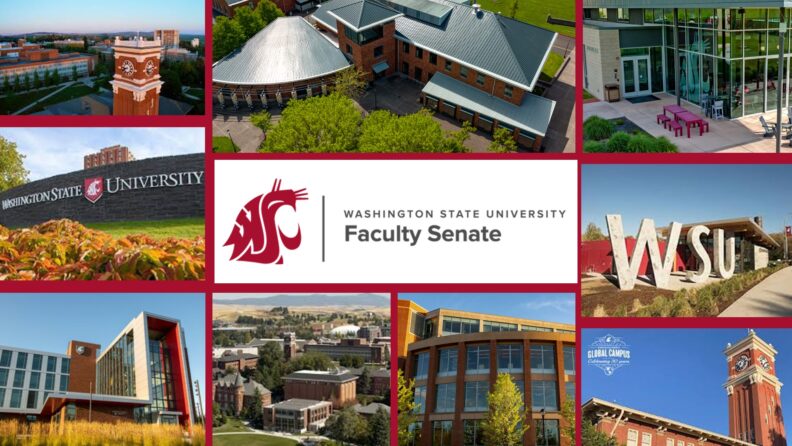 Graphic showing multiple WSU campus photos representing Faculty Senate