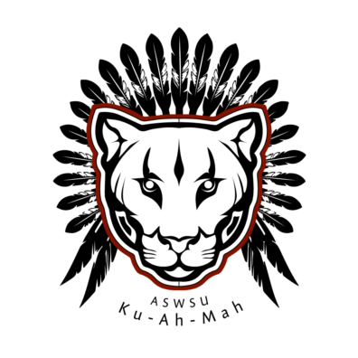 Photo of cougar head with feathers around it. below photo is the text ASWSU Ku-Ah-Mah