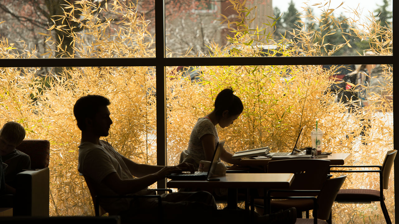 Two students sit at tables studying in the Compton Union Building on the WSU Pullman campus.