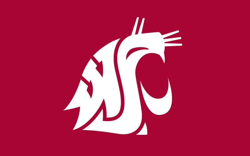 WSU Cougar head shown in white against a crimson background.